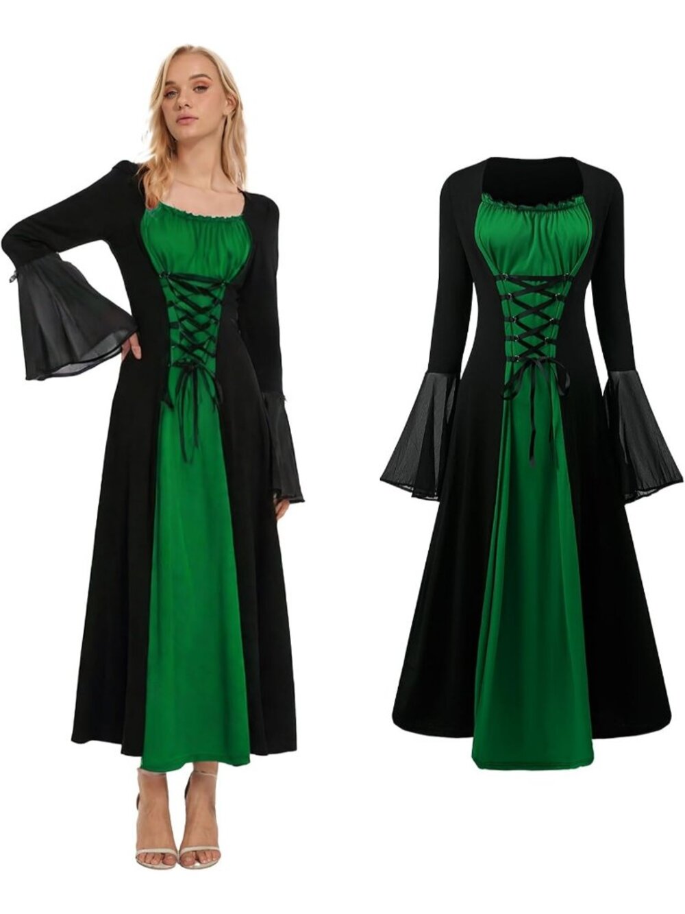 Women's Green Halloween Cosplay Party Trumpet Sleeve Costume  Long Vintage Dress